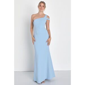 Lulus Make An Entrance Powder Blue One-shoulder Mermaid Maxi Dress - Size L